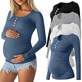 Sweetyweee 4 Pack Womens Maternity Shirts Cotton Scoop Neck Long Sleeve Ribbed Pregnancy Top Henley Side...