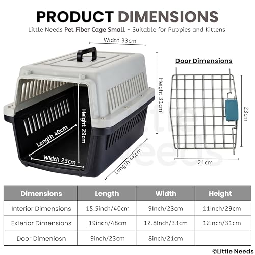 Image of Pet Carrier Fiber Cage (Small, Grey) (48 x 33 x 31 cm) for Cats, Kitten & Puppies I Portable 16 inch Travel Crate with Metal Door & Spring Lock | Ventilated Easy-Carry Handle Kennel House