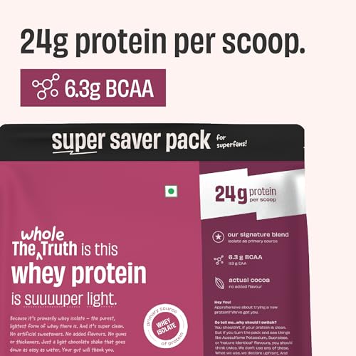 Image of The Whole Truth Whey Protein Isolate+Concentrate | Light Cocoa 2kg (4.4 lbs) | 24g Protein per scoop | 6.3g BCAA | No Adulteration | Clean, Light & Easy to Digest | Vegetarian | No Artificial Flavours