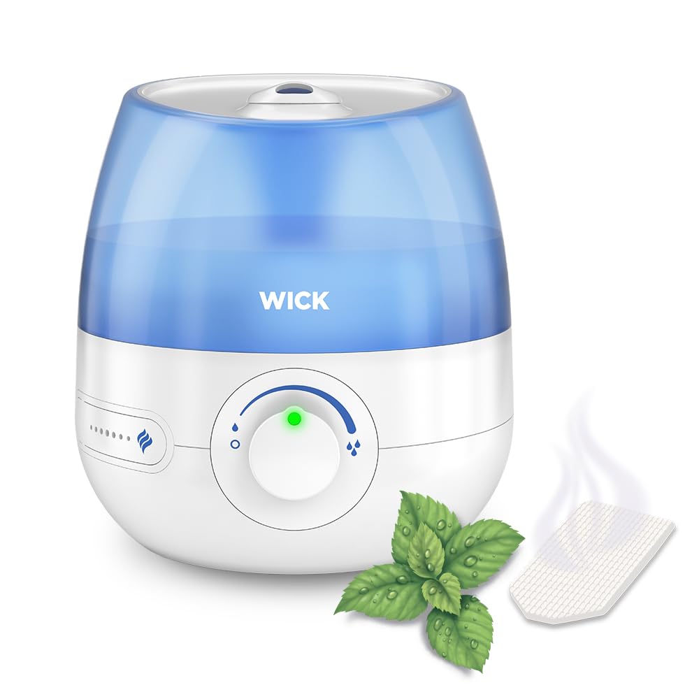 Wick Mini Kaltluft Ultraschall-Luftbefeuchter – Einstellbare Sprühnebelregelung – 1,8-l-Wassertank – für Schlafzimmern, Büros, Kinderzimmern bis 15 m² – Pads mit ätherischen Ölen inklusive – WUL525