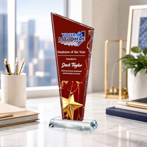 Image of Custom Crystal Trophy Award Personalized Plaque Award with Text Logo Photo Awards Trophies for Employee Recognition Team Graduation Personalized Office Gifts for Boss Coworker Teacher