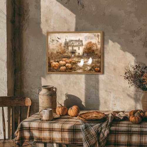 Cute Halloween Ghost Wall Art, Spooky Ghost Pumpkin Wall Decor Painting Vintage Rustic Haunted Canvas Prints Fall Landscape Picture for Living Room Bedroom Bathroom 12x16 inch Wood Framed by Mynotix - Used condition - Image 6