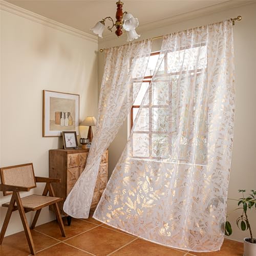 Deeprove White and Gold Sheer Curtains 96 inches Long 2