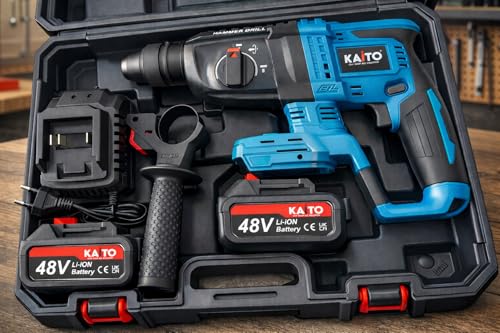 Image of KAITO 26mm Cordless Rotary Hammer Drill | 48V Li-ion 5.0Ah Battery | 2000 RPM | 128Nm Torque | Reversible Hammer Drill with Chiseling Mode | Heavy Duty Concrete, Wood & Metal Drilling Tool Kit