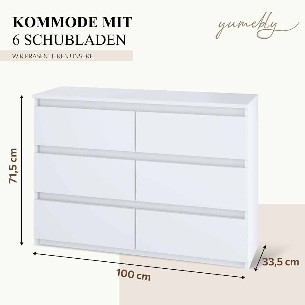 Kommode mit 6 Schubladen Weiß | 100x33x71 cm| Große geräumige Schubladenschrank | Ideal für Schlafzimmer, Wohnzimmer, Kinderzimmer und Büro