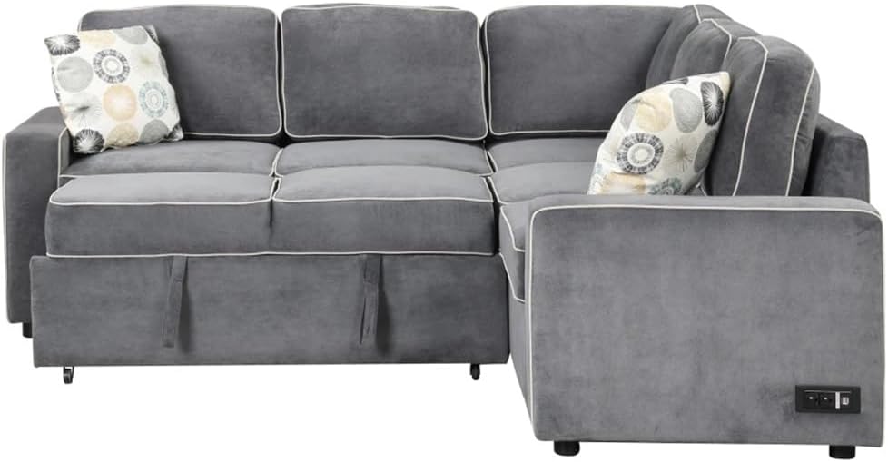83" L-Shaped Sofa,Convertible Sleeper with Pull Out Bed,2 Power Sockets & Pillows for Living Room,Gray