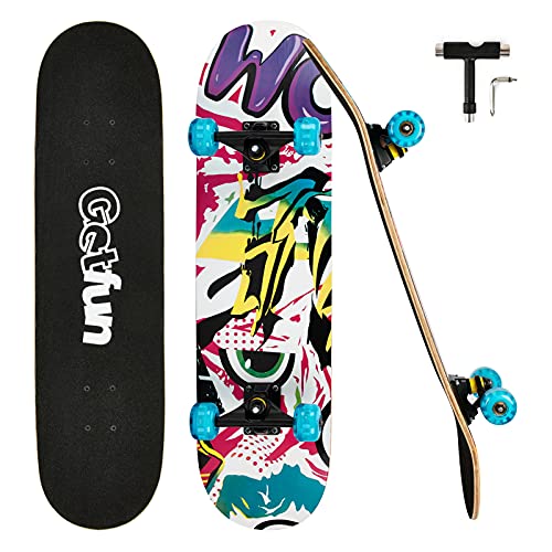 GETFUN Skateboard, 31'' x 8'' Complete Skateboard for Beginners Kids Youth Teens (5436mm Light Up Wheels, 5