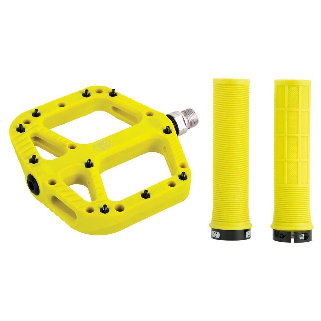 Oxford MTB Grip & Pedal Set – Lock-On Grips + Loam 2.0 Nylon Flat Pedals | Mountain Bike Components, Colour-Matched Pair – Yellow - Trail Riding, Enduro Biking, Enhanced Grip & Control