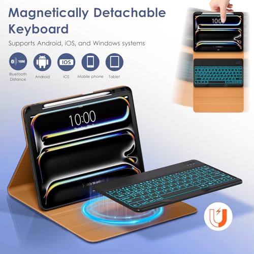 Image of DTTO for iPad Pro 13 Inch Case with Keyboard M5 /M4 2025 /2024, 7 Colors Backlit Wireless Detachable Keyboard Premium Leather Folio Cover with Pencil Holder & Pocket, Navy Blue