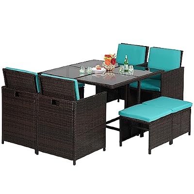 Outdoor Patio Furniture Set 9 Pieces Patio Dining Sets Space Saving Wicker Furniture with 4 Rattan Chairs 4 Ottomans and Glass Table for Outdoor Backyard Porch Poolside Balcony,Khaki Cushion (Blue)