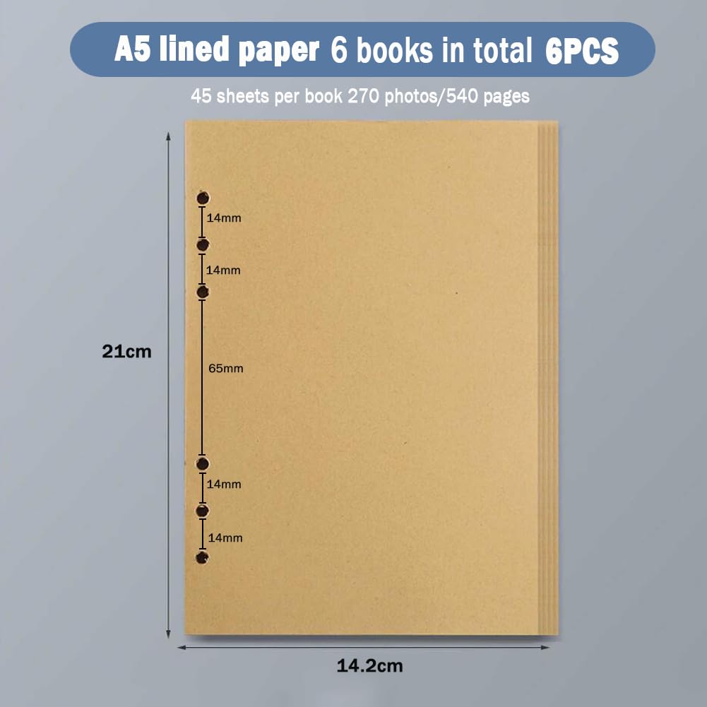 270 Feuille Papier de Recharges A5 Papier Kraft Vierge 6 Trous Feuillets Mobiles Refill Paper pour A5 Carnet Rechargeable Remplacer Pages Intérieures 540 Pages
