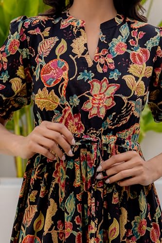 Image of LABEL ADRIJA Pure Cotton Calf Length Midi Dress for Women Floral Print | Flared Anarkali Dress Puff Sleeves