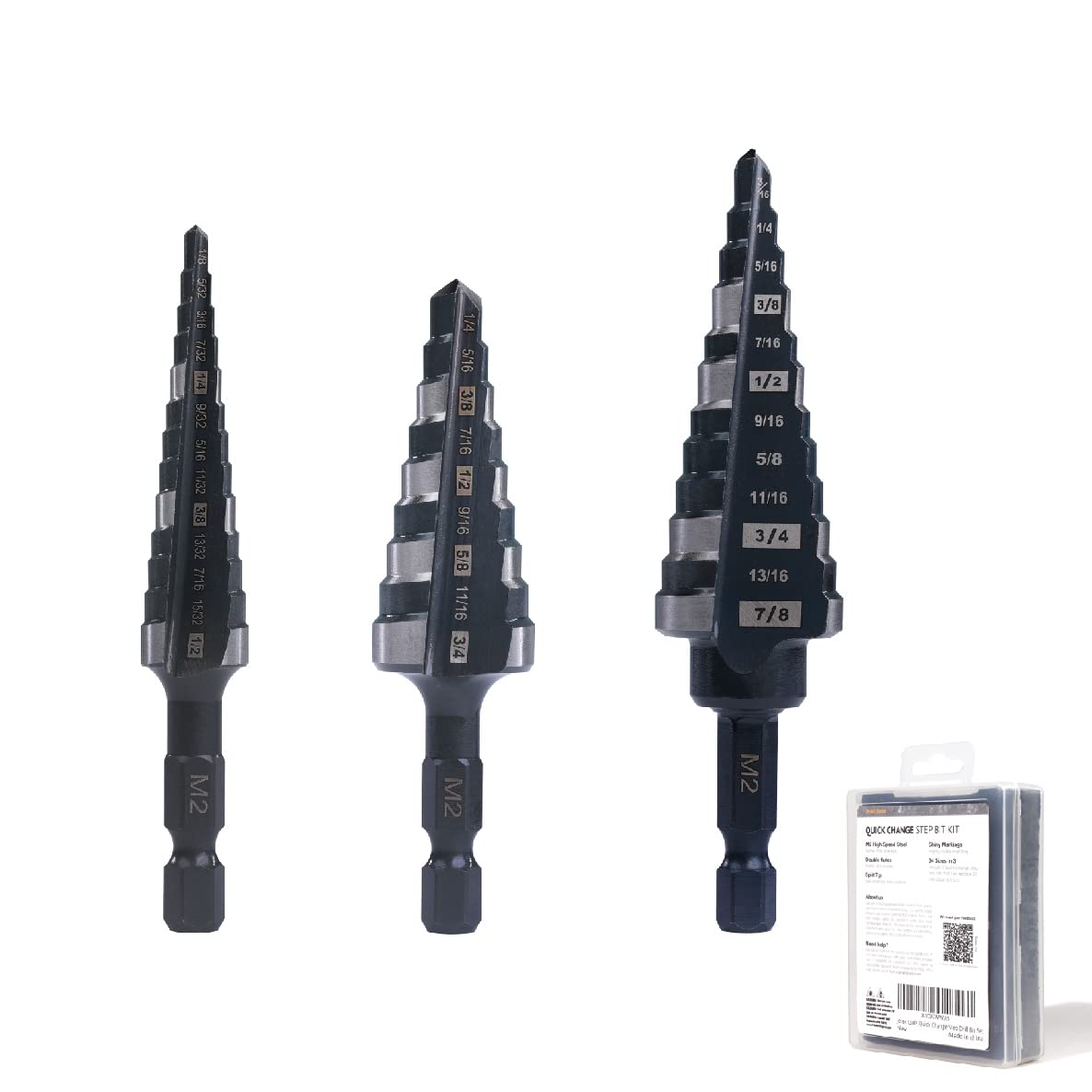 Juego de brocas escalonadas M2 HSS de cambio rápido de 1/5.1 cm, 3/10.2 cm y 7/20.3 cm para perforación de agujeros en acero inoxidable, cobre, aluminio, madera, plástico