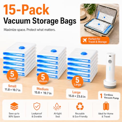 Image of 15 Pack Travel Vacuum Bags with Portable Electric Pump, Carry On Vacuum Seal Bags for Luggage and Suitcase, Space Saver Storage for Clothing and Travel Organization