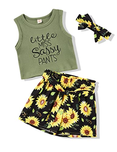 Image of Hipea Toddler Baby Girl Outfits Flower Tops Sleeveless Vest Shorts Headband Summer Clothes Set