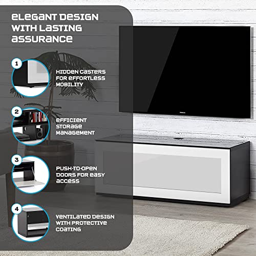 Image of SONOROUS ST-110 Premium TV Stand with Black Wood & White Glass Cover - Modern Entertainment Center & Media Console for Living Room - TV Cabinet up to 65 Inch with Hidden Wheels - Sleek Storage Design