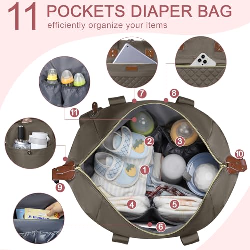 Image of Pritent Diaper Bag Tote, Diaper Baby Bags with Pacifier Case, Shoulder Straps, Stroller Clips, Waterproof Large Mommy Maternity Travel Baby Bag for Mom and Dad, khaki, Medium