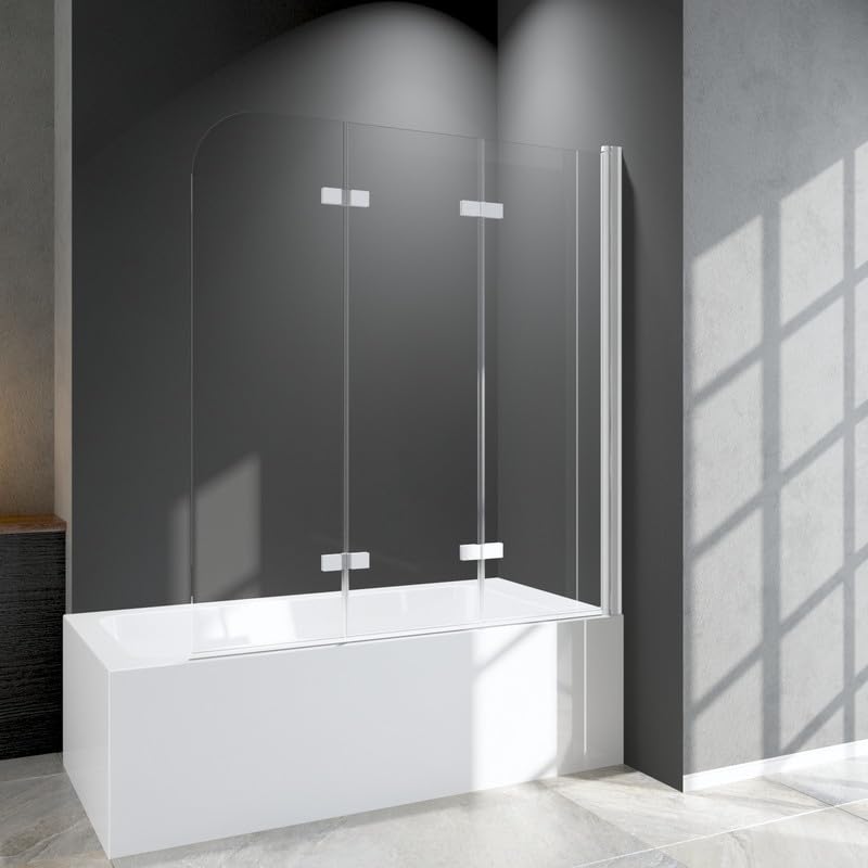 Duschwand für Badewanne 120x140cm Duschabtrennung, 3-Teilig Faltbar klar Badewannenaufsatz, Duschtrennwand mit 6mm NANO ESG Sicherheitsglas, Badewannenfaltwand in Weiß Alu