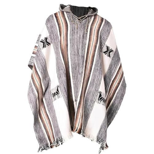 Gamboa - Hooded Alpaca Poncho - Handmade Rustic Poncho - White and Grey with Brown Stripes(Size: One Size)