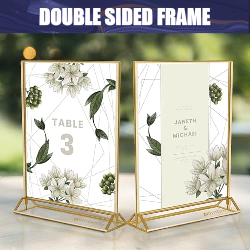 Image of Climberty 6 Pcs A6 Acrylic Gold Signage Holders,4 X 6 Inch Clear Picture Frames With Gold Borders And Vertical Stand,Double Sided Table Menu Display Stand For Restaurant Signs,Wedding Table And Photos