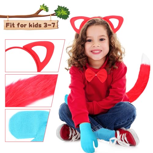 Yewong 5 Pieces Fox Costume Accessories for Kids Includes Fox Ears Headband Tail Bowtie Gloves and Shoe Cover for Halloween School Character Day Party Cosplay — view 5