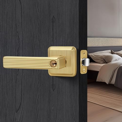 LOQRON Keyed Brushed Gold Entry Door Handle with Key and Lock, Square Stripes Style Heavy Duty Door Lever Entrance in Satin Brass Reversible for Right & Left Sided Office/Front Door