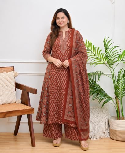Image of GoSriKi Kurta Sets for Women Viscose Blend Printed | Kurti Set for Woman | Kurta Palazzo Dupatta Set | A Line Kurti | Mandarin Collar 3 /4 Sleeve Suit Set for Women Stylish Ethnic Outfit