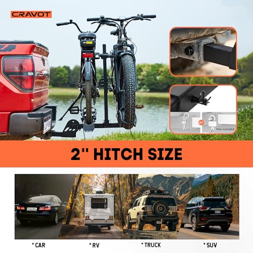 Image of CRAVOT CyberRack E2 EBike Rack with Ramp for 2 EBikes,200lbs Capacity | Ebike Carrier Foldable Platform Mount, Up to 5-inch Fat Tire Bicycle for 2'' Receiver Cars Trucks SUVs Minivans Trailer