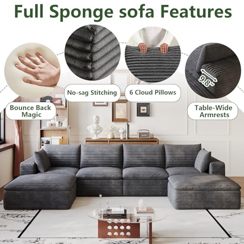 Image of 134 inch Cloud Couch Modular Sectional Sofa for Living Room, U-Shape Boneless Couch with Deep Seat, Modern Corduroy 4-Seater with Ottoman, No Assembly Required, Dark Grey