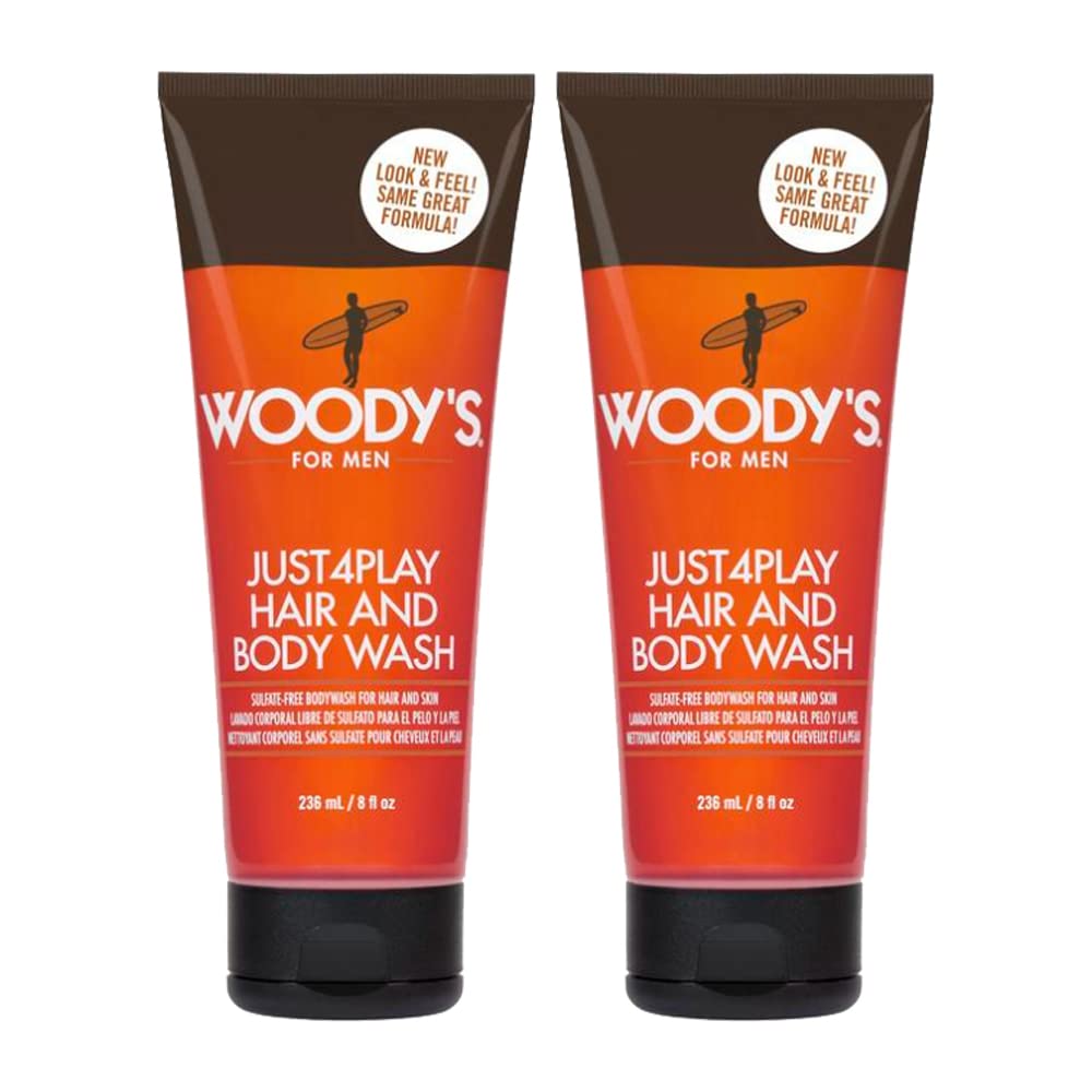 Woody's Just4Play Hair and Body Wash for Men, 2-in1 Sulfate-Free Formula, For Sensitive Skin and Color-Treated Hair, Non-Color Stripping with Rosemary, Panthenol & Ginger | 8 fl. oz. 2-Pack