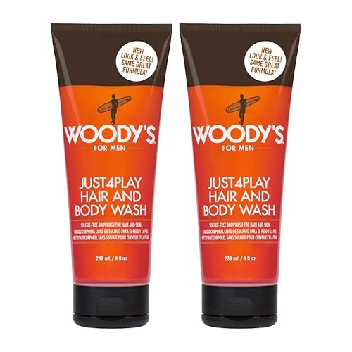 Woody's Just4Play - Lavado de cabello y cuerpo para hombres, fórmula 2 en 1 sin sulfatos, mejor para piel sensible y cabello tratado con color,