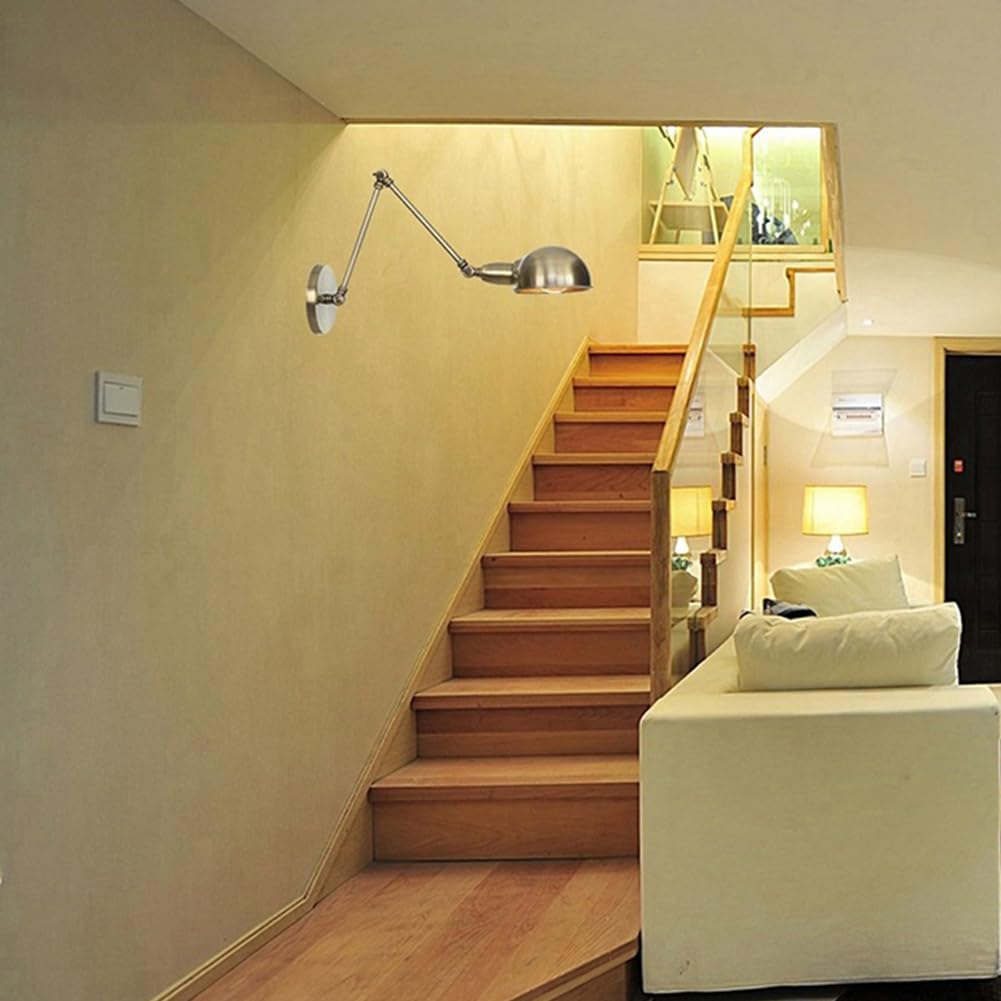 Retro Wandleuchte Verstellbare Schwenkarm Wandlampe mit Stecker Kabel Schalter Wandbeleuchtung Chrom Innen Nachttischlampe Ausziehbar Lange Arm Wand Leselampe Metall E27 Wohnzimmerleuchte