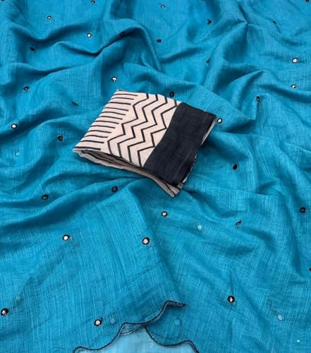 Image of Linen Cotton Saree with Black Mirror Work | New