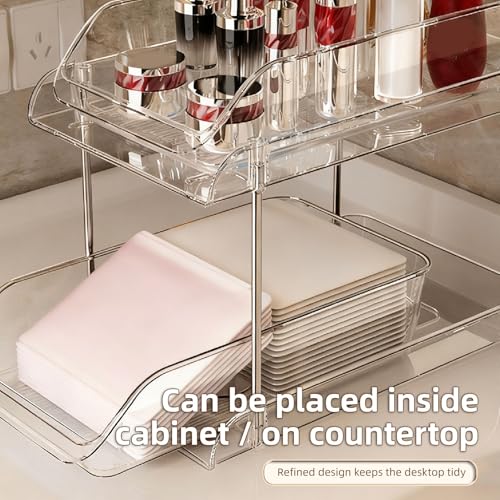 Estante transparente apilable multiusos para debajo del fregadero, ahorro de espacio, 2 niveles, con cajones deslizantes para baño o cocina miniatura 6