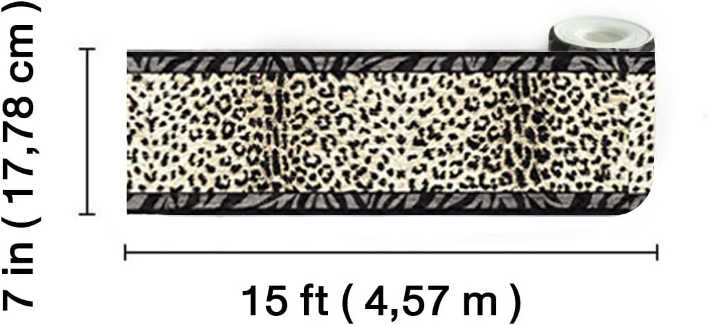 TRIMZ Wallpaper Border – Bold Leopard Print with Zebra Stripe Trim Accents, Bedroom Bathroom Safari Wall Decor, Pre-Pasted, 15 ft x 7 in