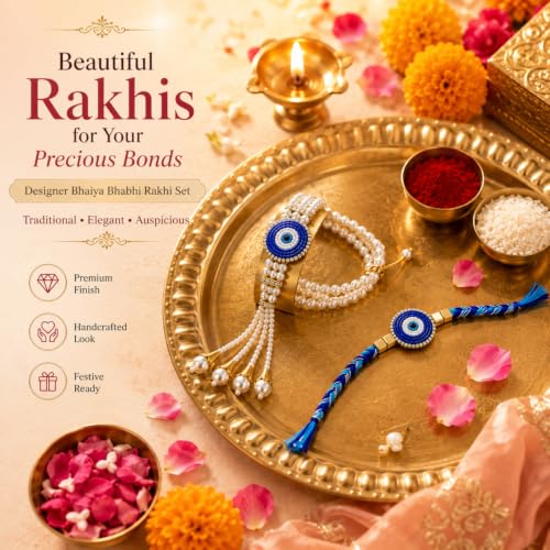 Image of Bhaiya Bhabhi Rakhi Set with Pearl Bracelet | Designer Rakhi for Brother & Bhabhi | Traditional Raksha Bandhan