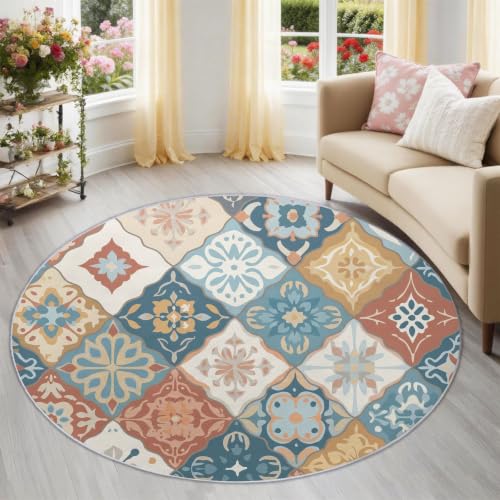 Tapis rond 90 cm bleu multicolore patchwork pour salon et chambre - 2