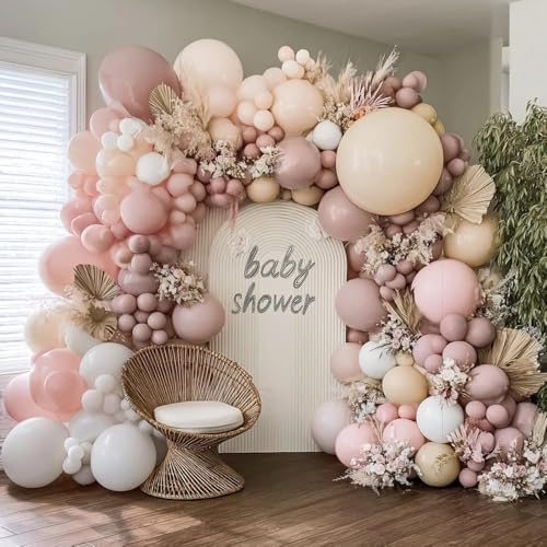 Dusty Pink White Balloon Garland Double Stuffed Baby Pink Nude Beige Balloons Cream Balloon Arch Kit for Boho Baby Shower Easter Birthday Bridal Shower Wedding Mother's Day Party Decorations