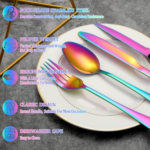 Image of 24 Pcs Rainbow Silverware Set with Steak Knives Service for 4,Stainless Steel Flatware Set,Mirror Polished Cutlery Utensil Set, Kitchen Eating Tableware,Include Fork Knife Spoon Set,Dishwasher Safe