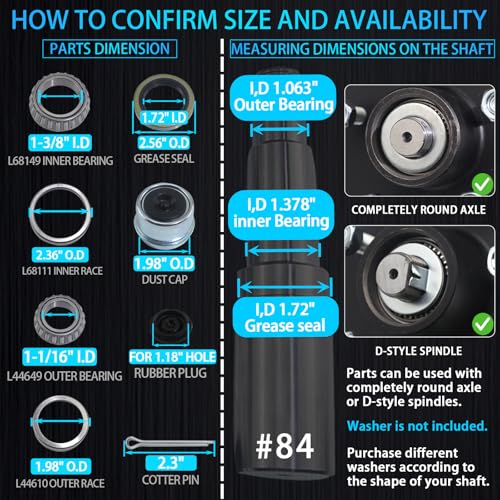 iBroPrat 2 Sets 3500 LB Boat Trailer Axle Bearing Kits, L68149 L44649 Bearing Kits, 171255TB/10-19 Grease Seals, 1.98\" Dust Covers and Rubber Plugs, Cotter Pins for #84 Spindle