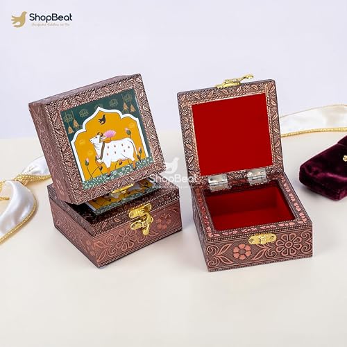 Image of Handcrafted Wooden Jewellery Box Copper Metal Finish (4 x 4 inch) - Pack of 3 | Oxidized Pichwai Cow Design | Decorative Organizer | Storage Box for Women Puja Festive Gifting | Royal Teal