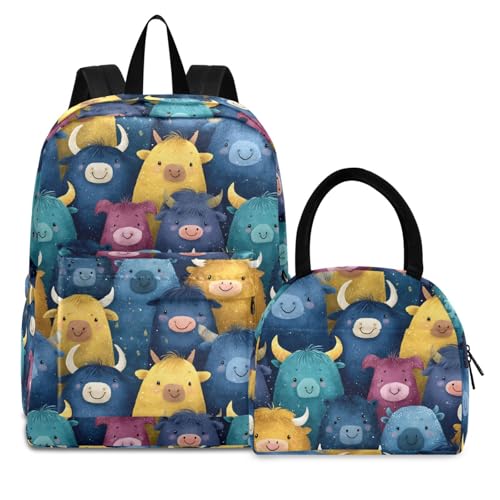 Funny Cows Print Backpack Set with Lunch Bag, Large Capacity Travel Backpacks and Lunch Box Insulated for Commute Hiking Picnic