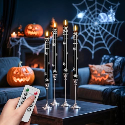 Image of Eldnacele Halloween Spider Flameless Taper Candles Battery Operated with Remote Timer, Set of 4 Black Real Wax 3D Wick LED Flickering Candles Spooky Halloween Indoor Decor(0.78 inch D x 9.64 inch H)