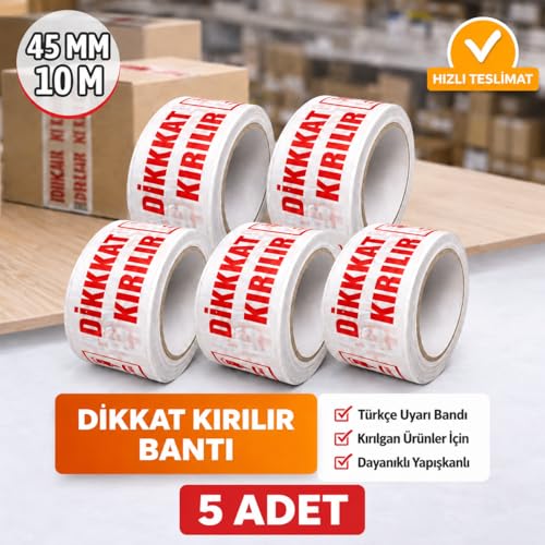 (5 Adet) Dikkat Kırılır Koli Bandı 45x100 MT Kırılabilir Uyarı Baskılı Güçlü Paketleme Bantı