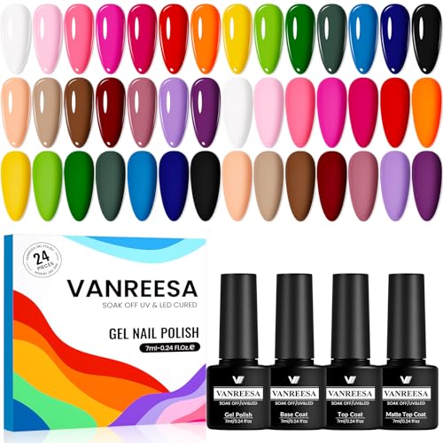 VANREESA Gel Nail Polish Set 21+3 U V Gel Nail Polish with Base and Top Coat White Pink Brown Blue Green Gels Polish Set Suitable for All Seasons Nail Salon Kit Gifts for Women DIY at Home
