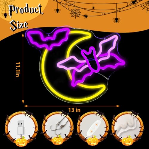 Image of Halloween Neon Sign Moon Flying Neon Bat Sign Led Halloween Decorations Halloween Flying Bat Lights Halloween Led Sign Gothic Neon Sign for Halloween Party Wall Decor Window