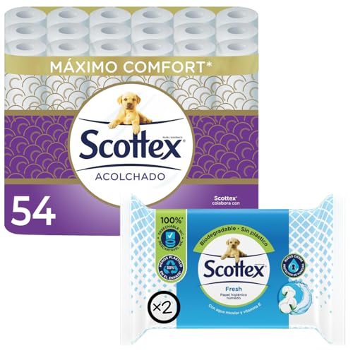 Scottex Papel Higiénico Acolchado 54 Rollos + Higiénico Húmedo Fresh 2 paquetes (148 servicios)
