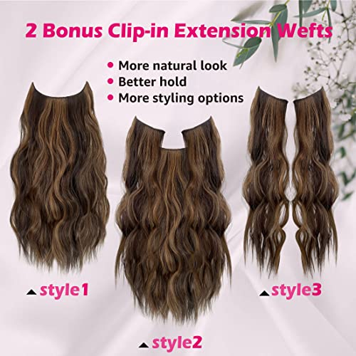 2023 Upgrade Invisible Wire Hair Extensions，Uamy Hair 20 Inch Clip In Hair Extensions With Transparent Wire Adjustable Size Long Curly Wavy Synthetic Hairpieces For Women(Balayage Dark Brown To Chestnut) #TOP3
