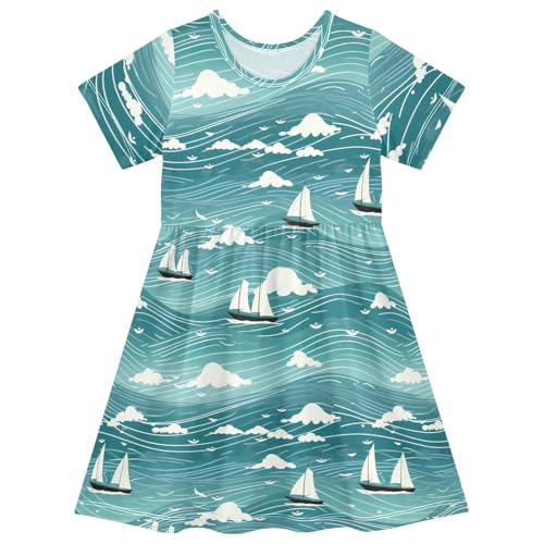 Blue Wave Sailboats Girls Dresses Short Sleeve Twirly Sundress
