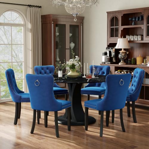 Image of 7-Piece Dining Table Set for 6 with 47 In Black Faux Marble Round Table | Circle Dining Room Table with 6 Velvet Upholstered Chairs, Modern Scandinavian Furniture for Dining Room Kitchen (Bule)